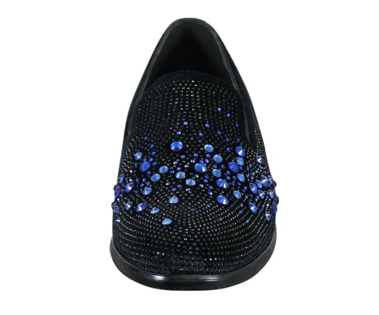 Amali Ivano Men’s Black and Royal Blue Rhinestone Luxe Velvet Loafers