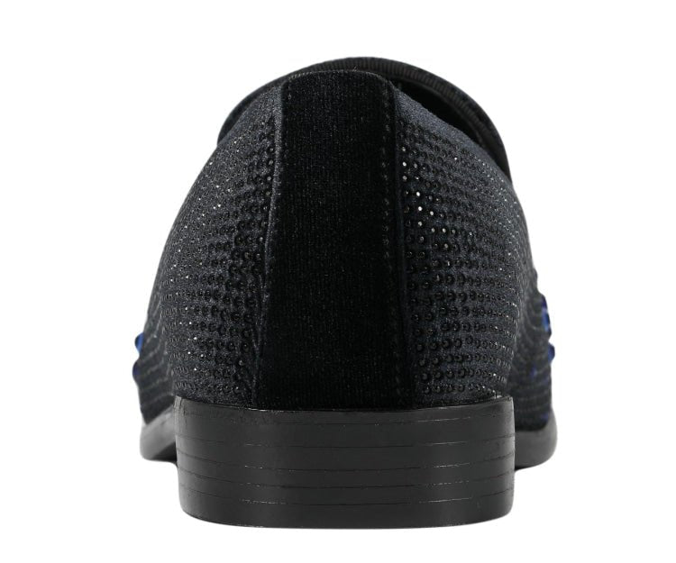 Amali Ivano Men’s Black and Royal Blue Rhinestone Luxe Velvet Loafers