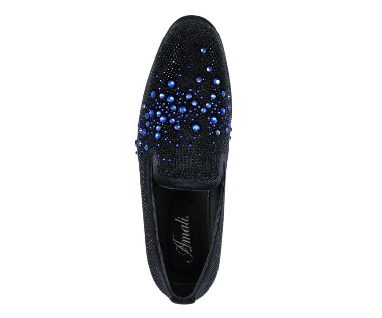 Amali Ivano Men’s Black and Royal Blue Rhinestone Luxe Velvet Loafers