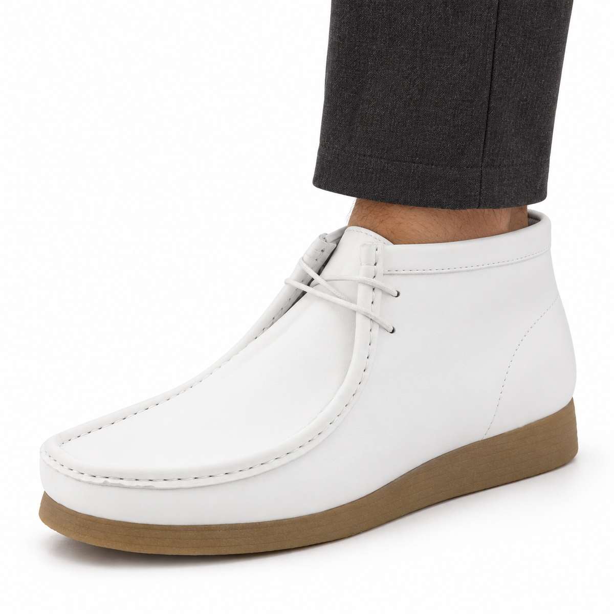 AI-generated styling illustration of Amali Jason 2 white smooth chukka boots worn with charcoal trousers on a white background; refer to original product photos for details.