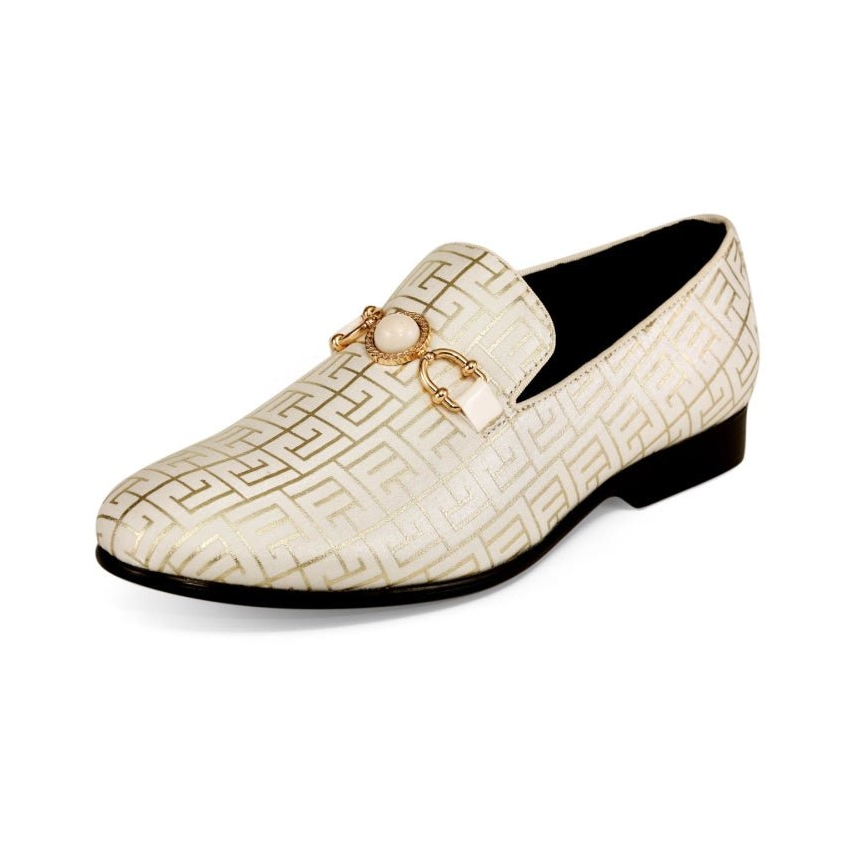 Amali Kazimar men's cream loafer with geometric detail and gold-tone ornament, three-quarter view