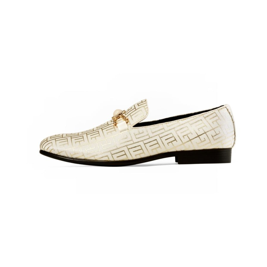 Amali Kazimar men's cream loafer with geometric detail and gold-tone ornament, side profile