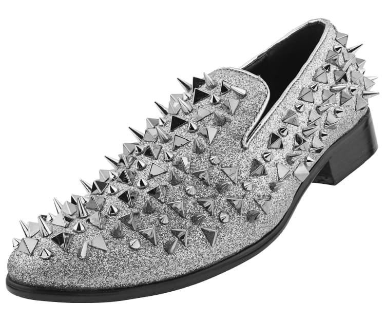 Amali Mesa Silver Spiked Men's Velvet Smoking Slip on Shoes