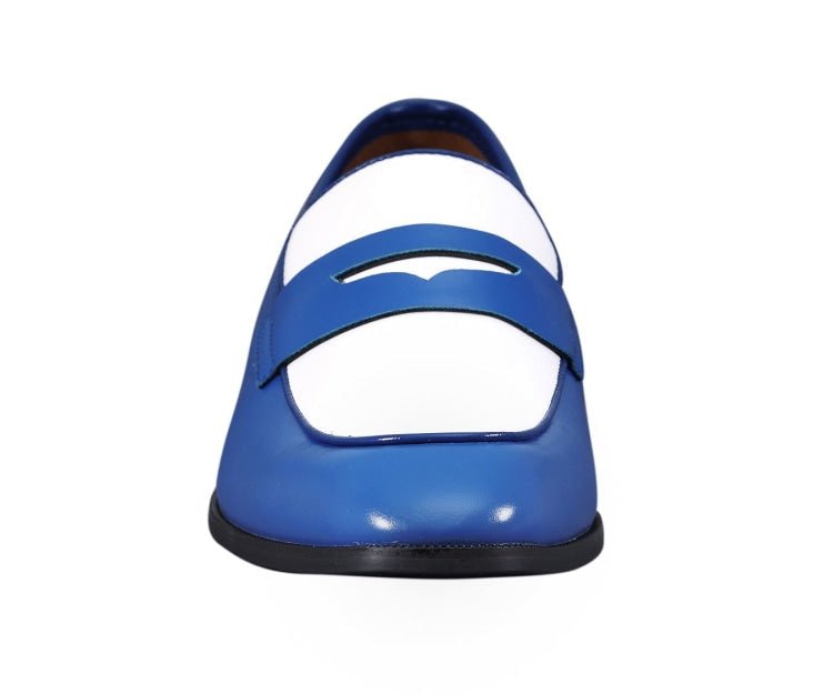 Amali Royal Elegance Two Tone Penny Loafers Men’s Leather Royal Blue and White