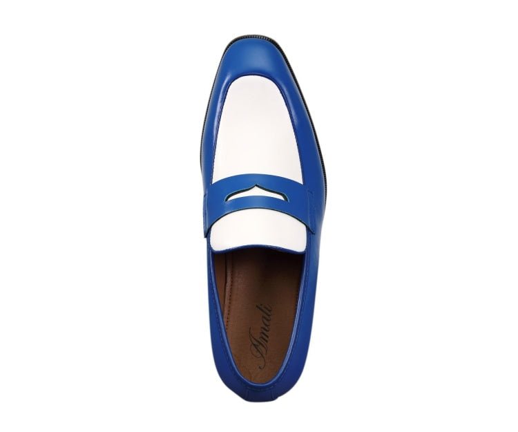 Amali Royal Elegance Two Tone Penny Loafers Men’s Leather Royal Blue and White