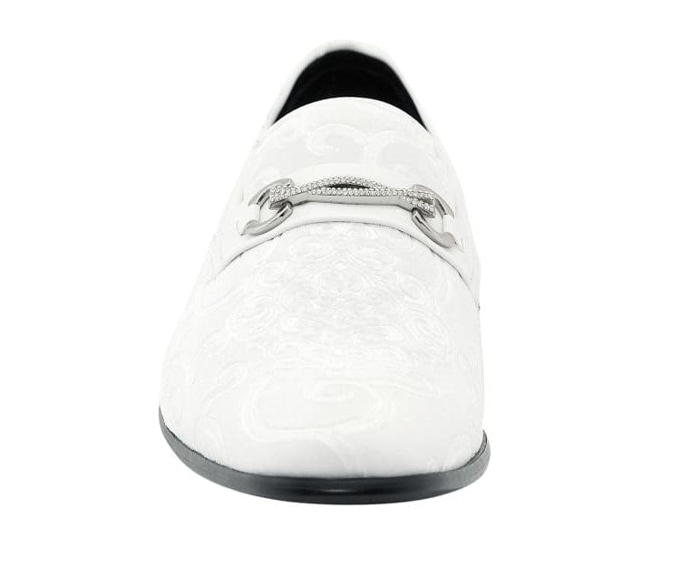 Amali Throne Men’s White Velvet Leather Loafers with Paisley Pattern