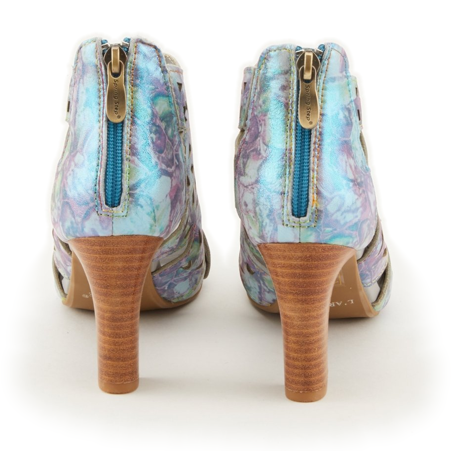 L'Artiste Amora cutout sandals in Blue Multi, rear view showing back zippers