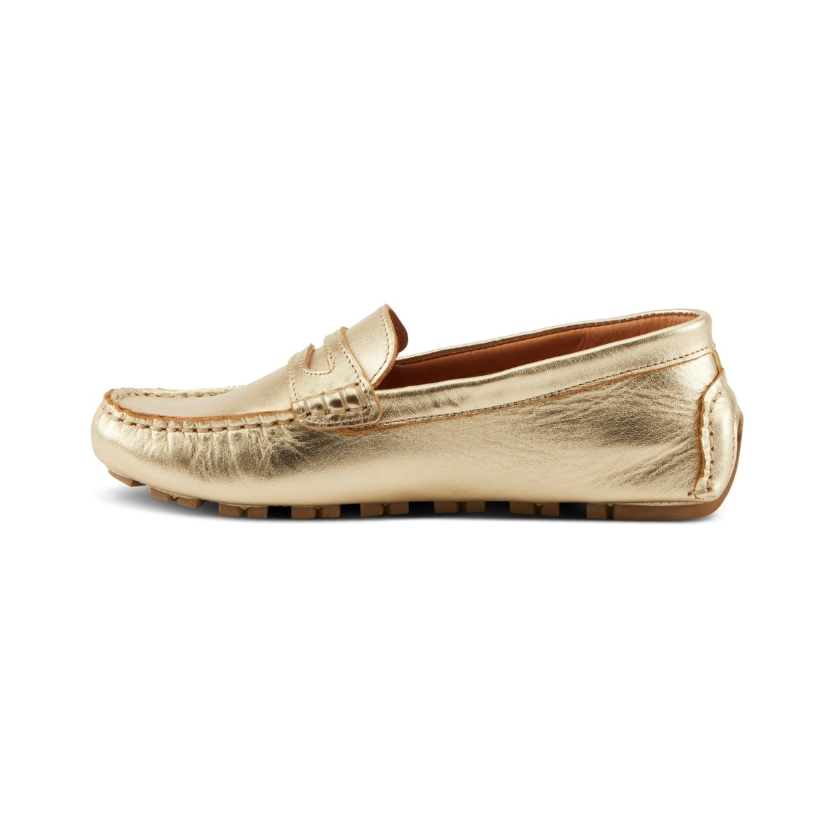 Spring Step Audette penny loafer in Soft Gold, left-facing side profile