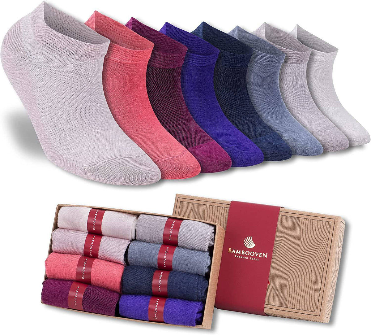 Women’s Bamboo Ankle Socks 8-Pack Gift Box, Berry & Navy – product view 1