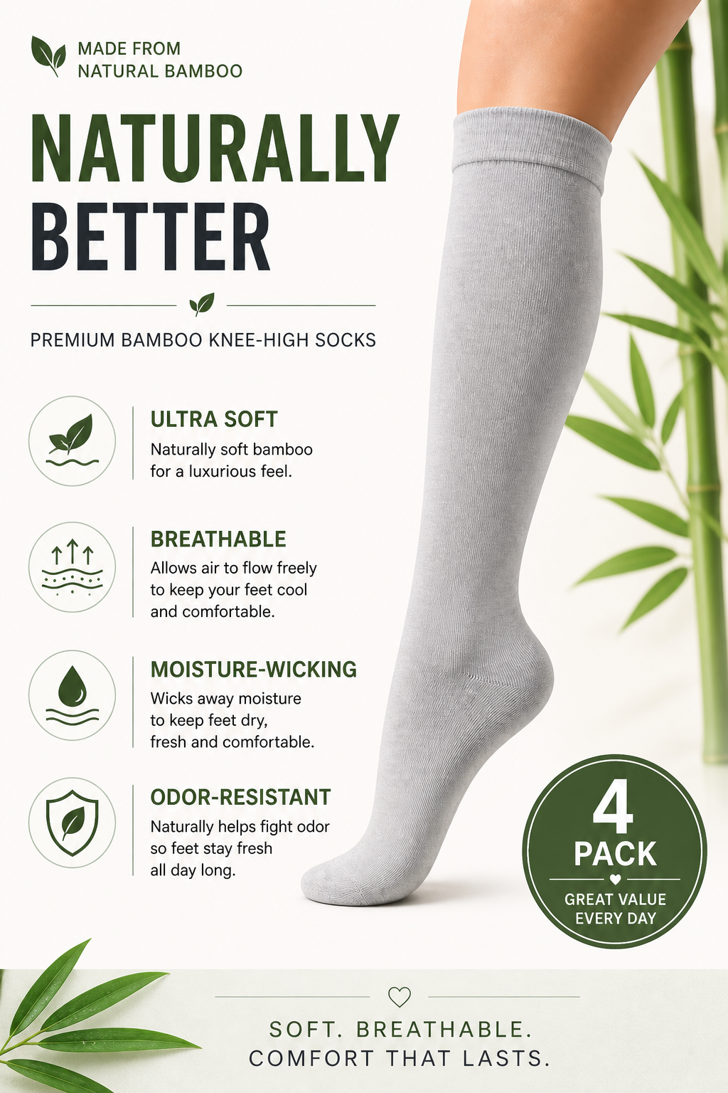 Women’s Bamboo Knee-High Socks 4-Pack – Soft & Breathable