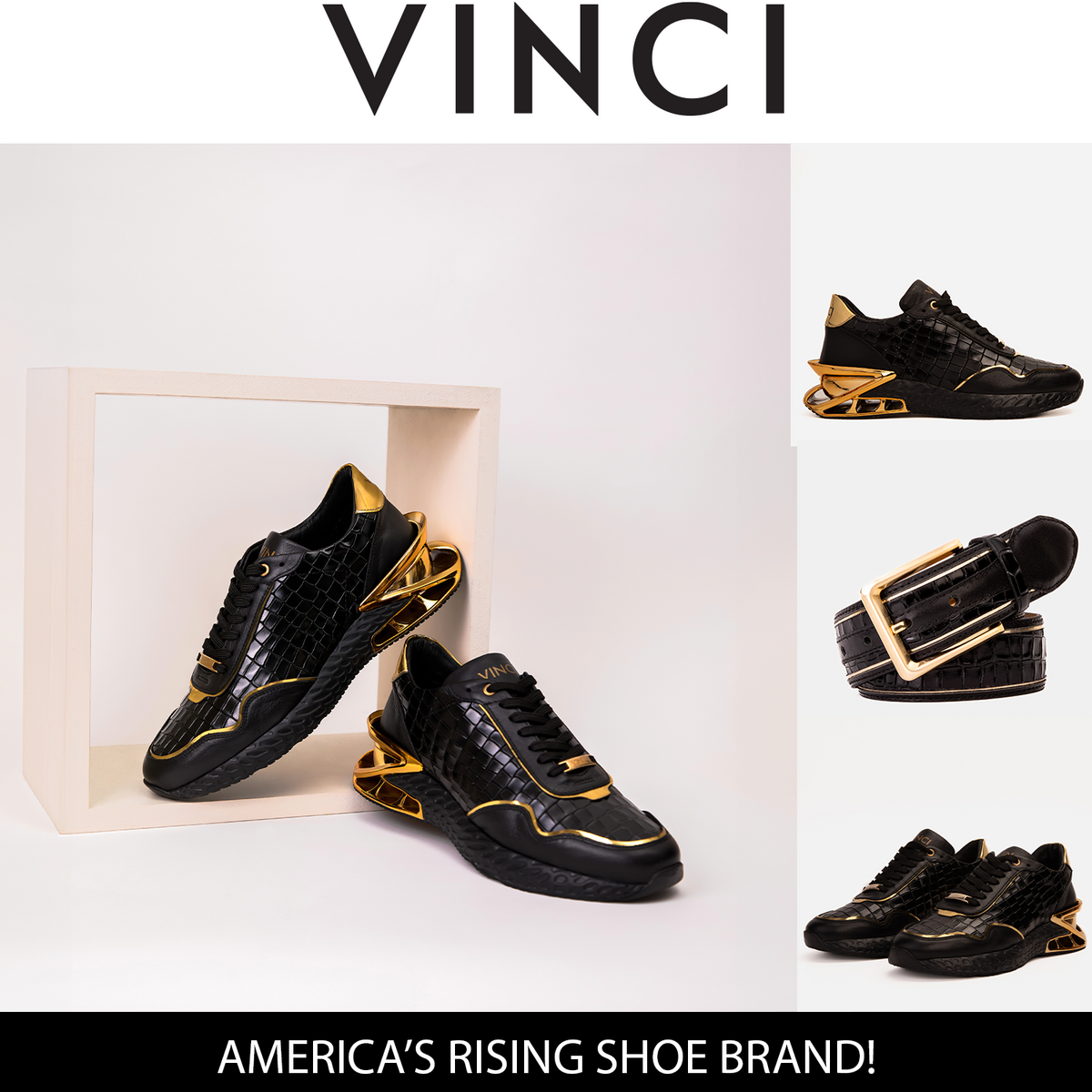 Vinci Leather The Bellagio Black & Gold Leather Men Sneaker – product view 12