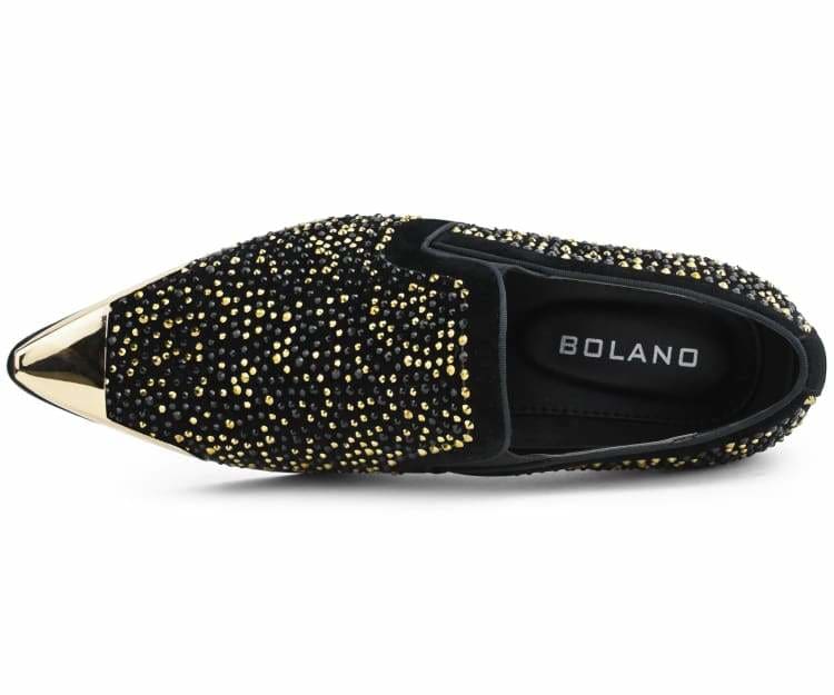 Bolano Desta BlackGold Men's Rhinestone Loafers With Metal Tip