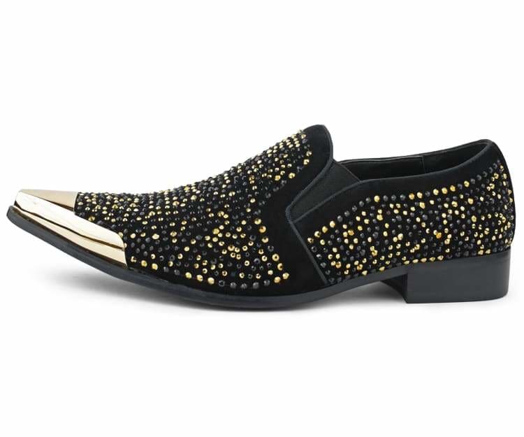 Bolano Desta BlackGold Men's Rhinestone Loafers With Metal Tip