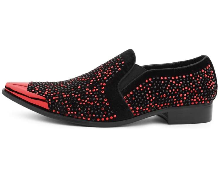 Bolano Desta Men's Black and Red Rhinestone Leather Loafers