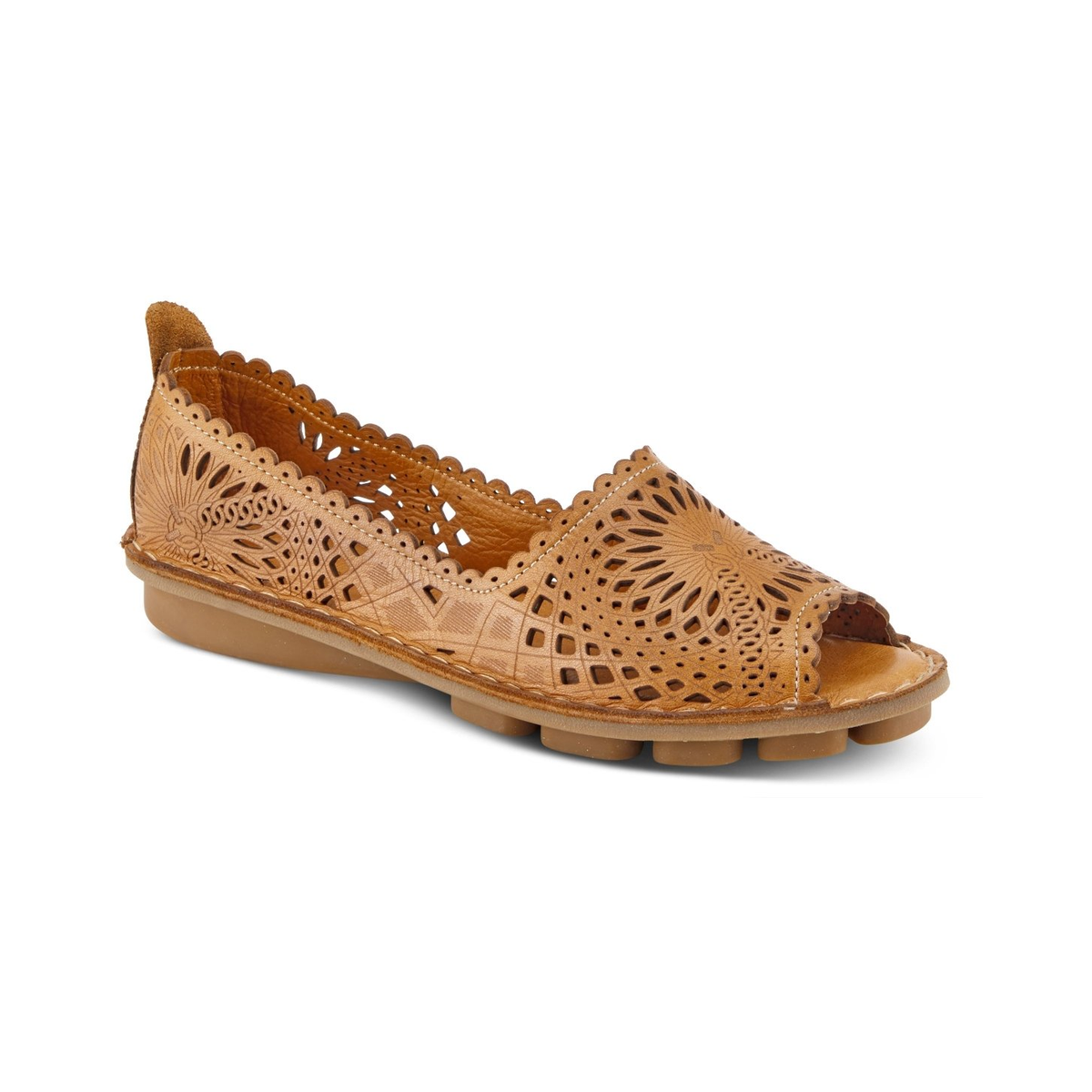 Spring Step Brandal Camel peep-toe flat, front three-quarter view on white