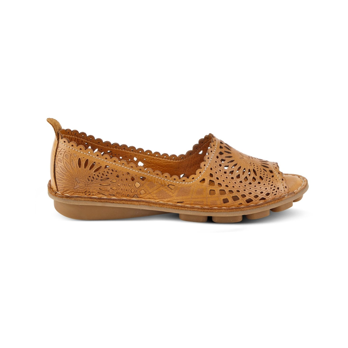 Spring Step Brandal Camel peep-toe flat, side view on white