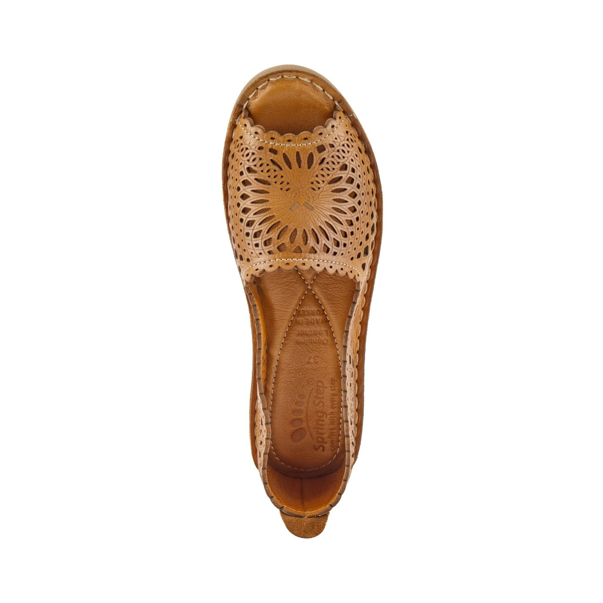 Spring Step Brandal Camel peep-toe flat, top view on white