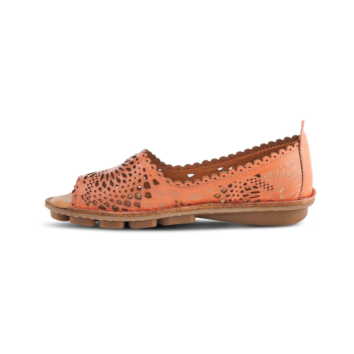 Spring Step Brandal Orange peep-toe flat, opposite side view on white
