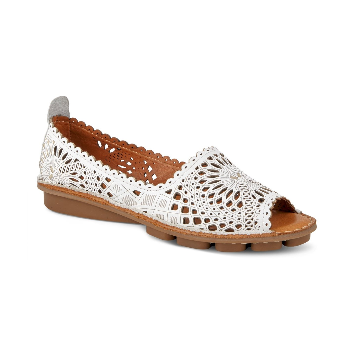 Spring Step Brandal White peep-toe flat, front three-quarter view on white