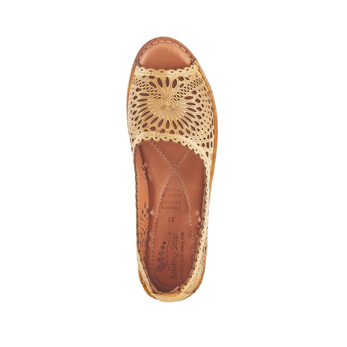 Spring Step Brandal Yellow peep-toe flat, top view on white