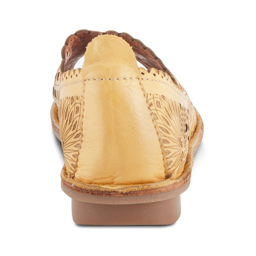 Spring Step Brandal Yellow peep-toe flat, rear view on white