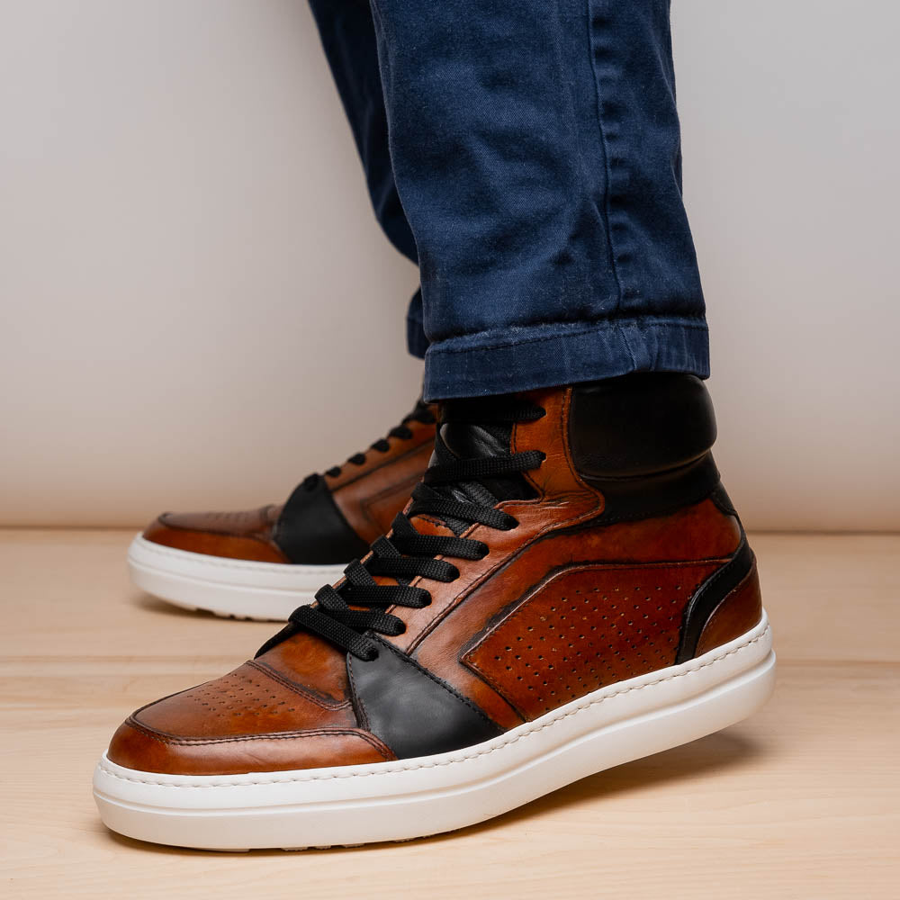 Zelli Italia Men's 65-356-BRN BRAVO Italian Burnished Calfskin High Top Dress Sneaker Black / Brown