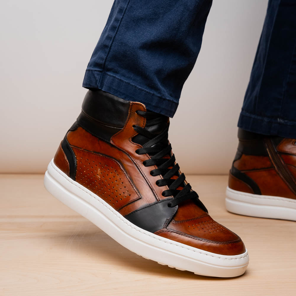 Zelli Italia Men's 65-356-BRN BRAVO Italian Burnished Calfskin High Top Dress Sneaker Black / Brown