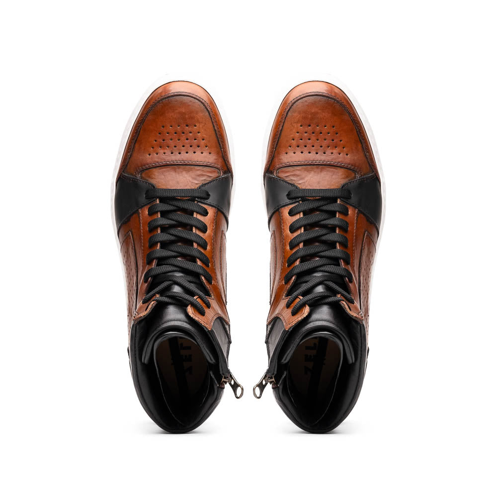 Zelli Italia Men's 65-356-BRN BRAVO Italian Burnished Calfskin High Top Dress Sneaker Black / Brown