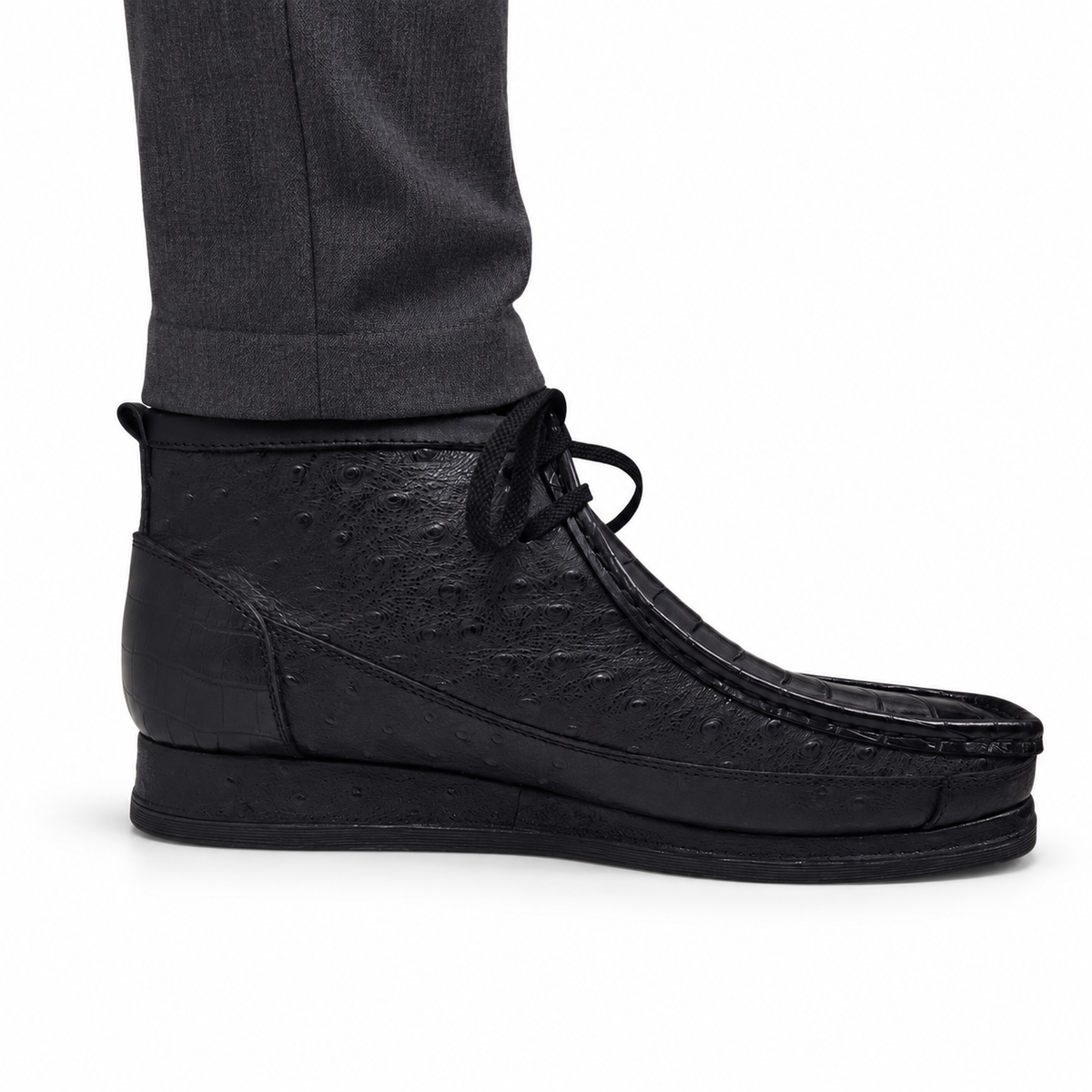 British Walkers New Castle Dual Print Black chukka boot, on-foot side view against white; AI-generated styling illustration