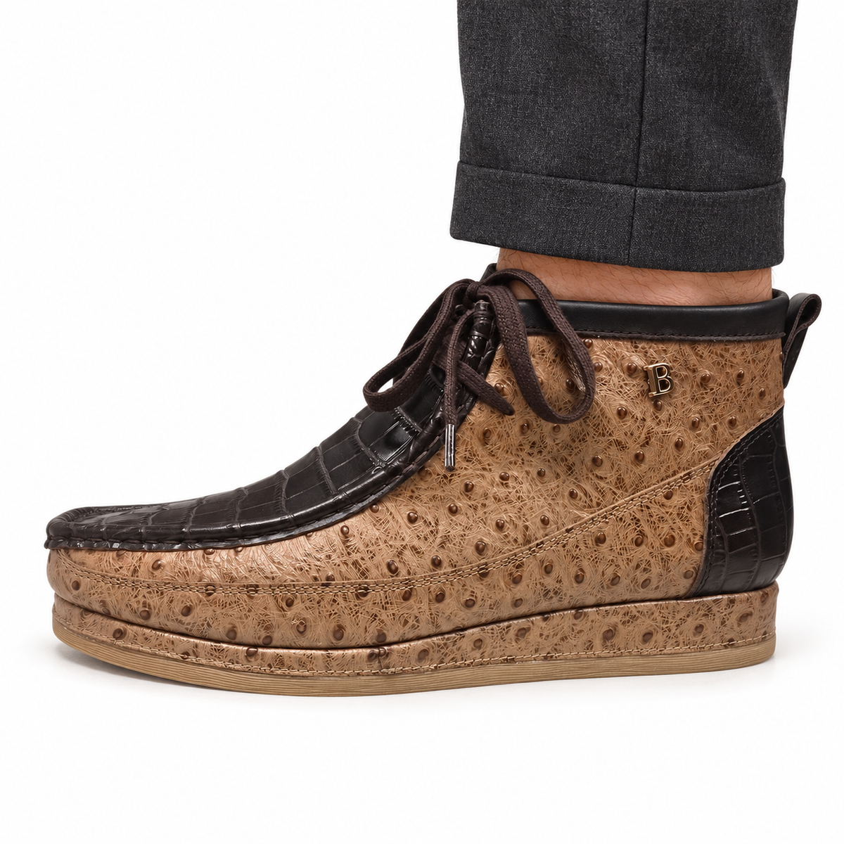 British Walkers New Castle Dual Print Tan and Dark Brown chukka boot, on-foot side view against white; AI-generated styling illustration