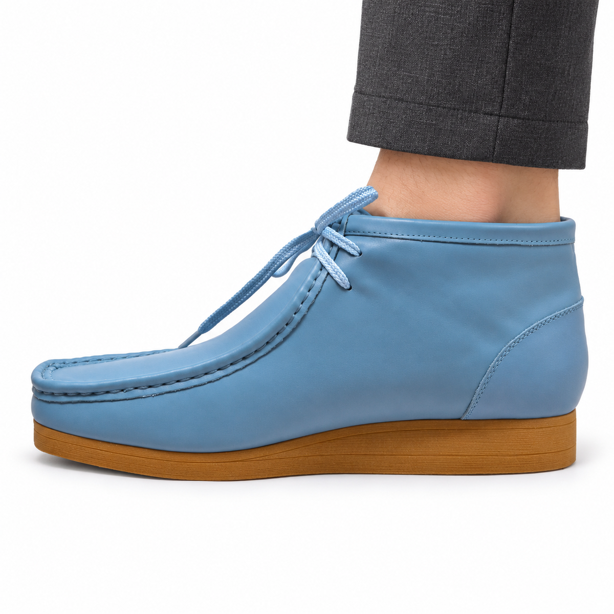 British Walkers New Castle 2 men's Sky Blue ankle boot, on-foot side view against white; AI-generated styling illustration