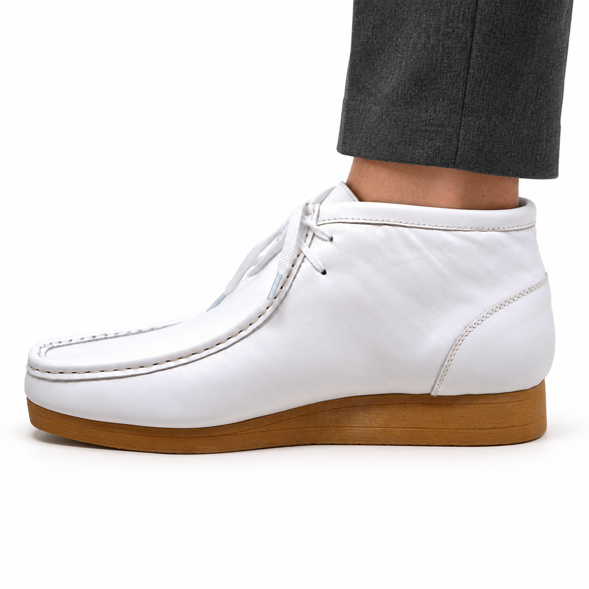 British Walkers New Castle 2 men's White ankle boot, on-foot side view against white; AI-generated styling illustration