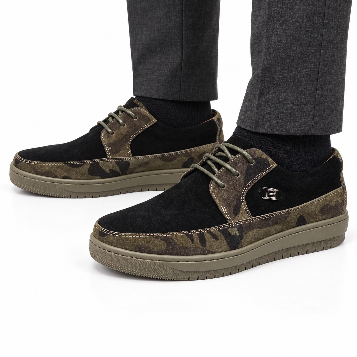 AI-generated styling illustration of British Walkers Westminster 2 men's Black Camo Suede sneakers on a white background