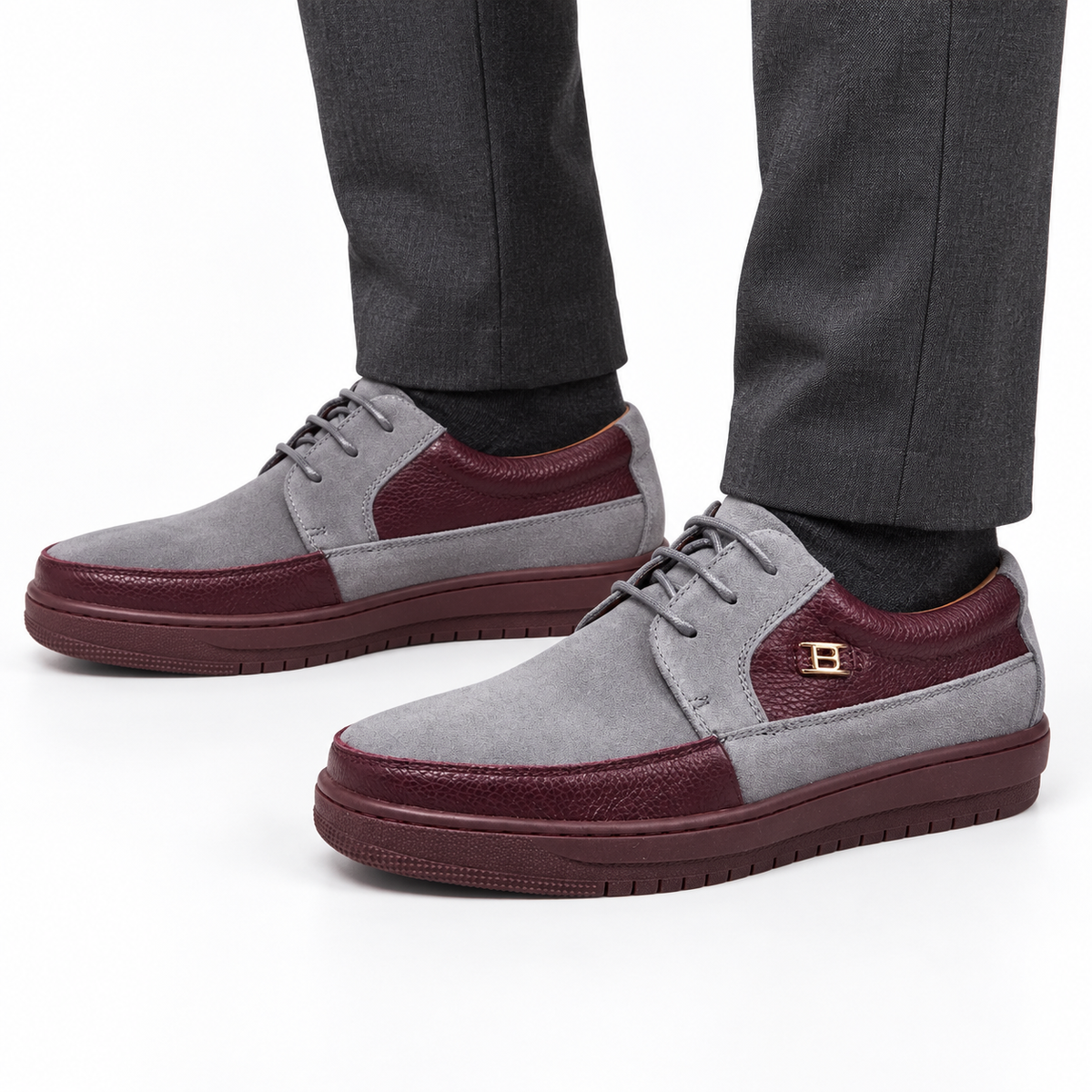 AI-generated styling illustration of British Walkers Westminster 2 men's Gray Suede/Burgundy Leather sneakers on a white background