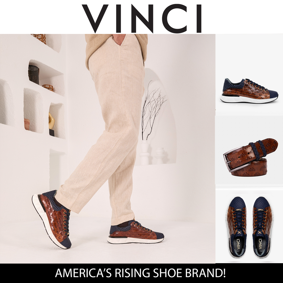 Vinci Leather The Caesars Navy & Tan Leather Men Sneaker – product view 16