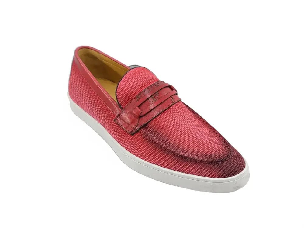 Carrucci Shoes Embossed Leather Strap Linen Sneaker Leather KS52907
