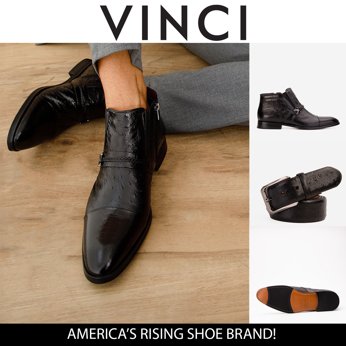 Vinci Leather The Dallas Black Leather Bit Ankle Zip-Up Dress Men Boot – product view 3
