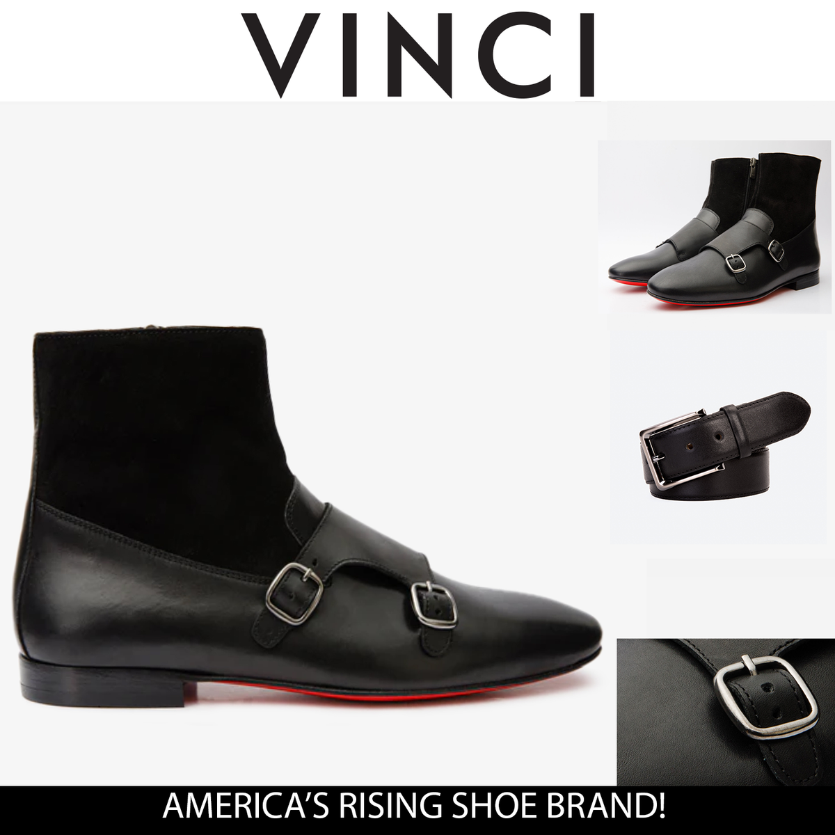 Vinci Leather Preston Black Leather & Suede Double Monk Strap Ankle Men Boot – product view 3