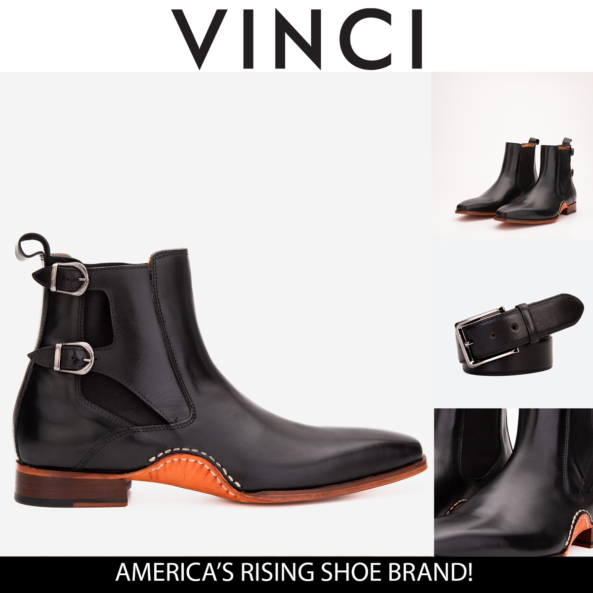 Vinci Leather The Royal Hand Craft Black Leather Double-Buckle Chelsea Men Boot – product view 7