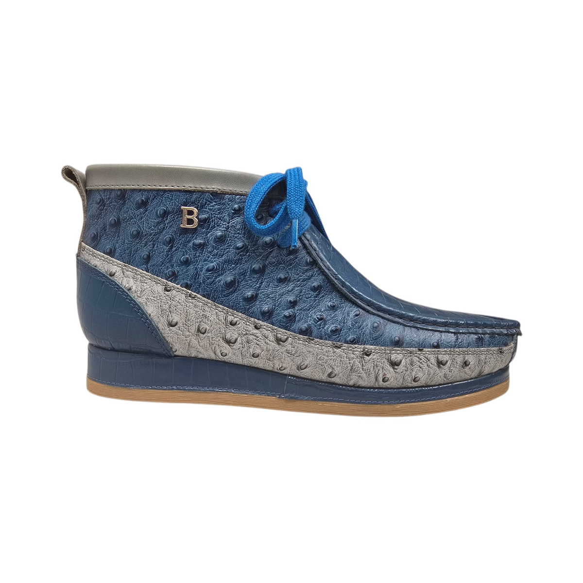 British Walkers New Castle Dual Print chukka boots in blue and light gray, side profile