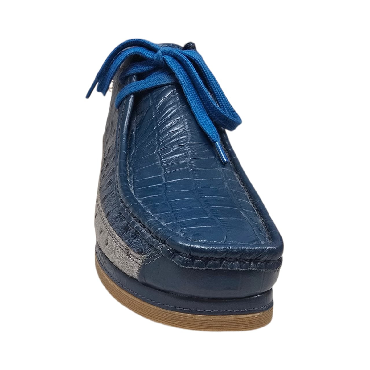 British Walkers New Castle Dual Print chukka boots in blue and light gray, front view