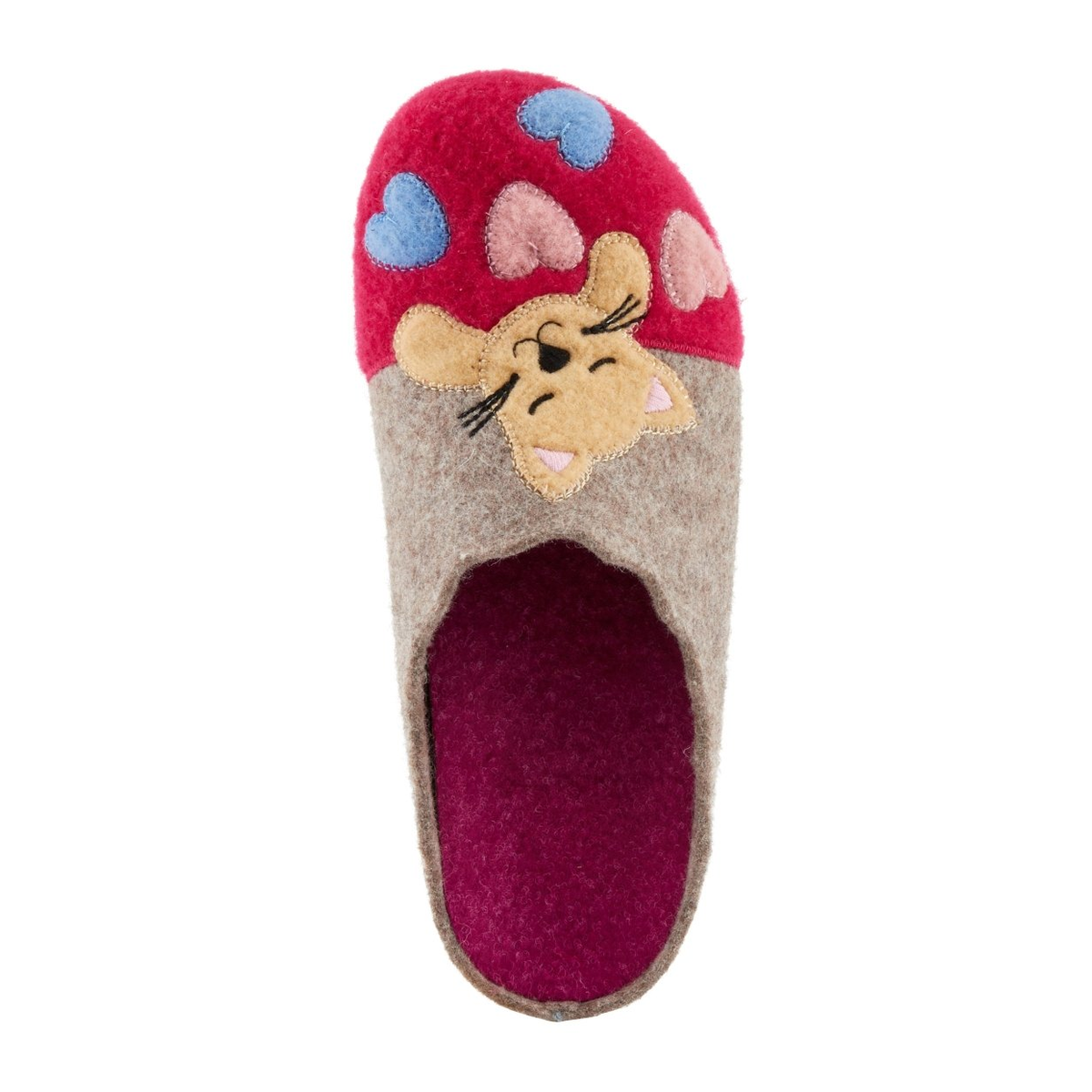 Flexus Cuttlecat wool slipper in Fuchsia Multi, top view showing cat and heart appliques