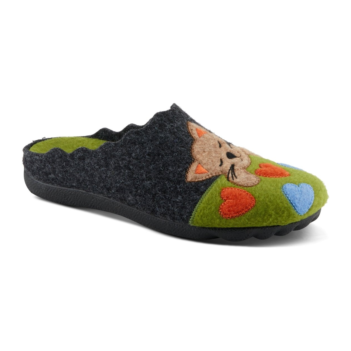 Flexus Cuttlecat wool slipper in Green Multi, front three-quarter view