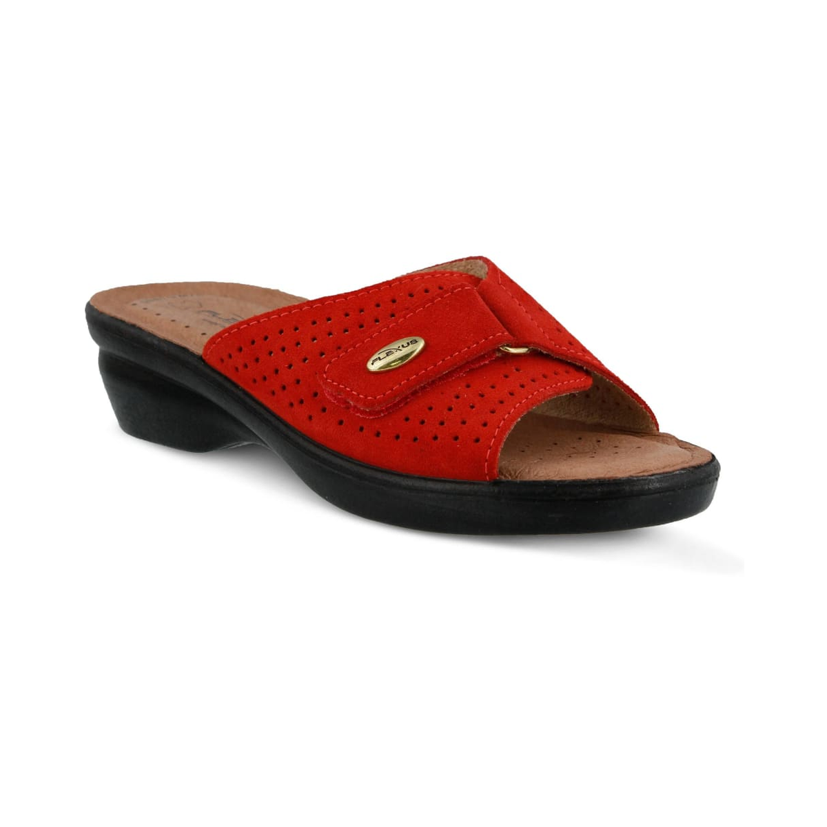 Flexus Kea women's slide sandal in Red Suede, front three-quarter view