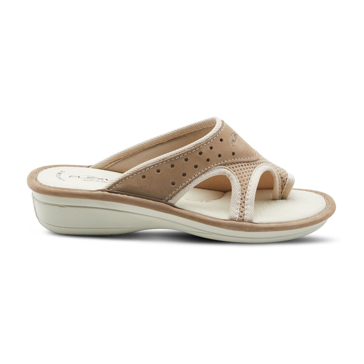Flexus Pascalle slide sandal in beige, side view showing toe loop