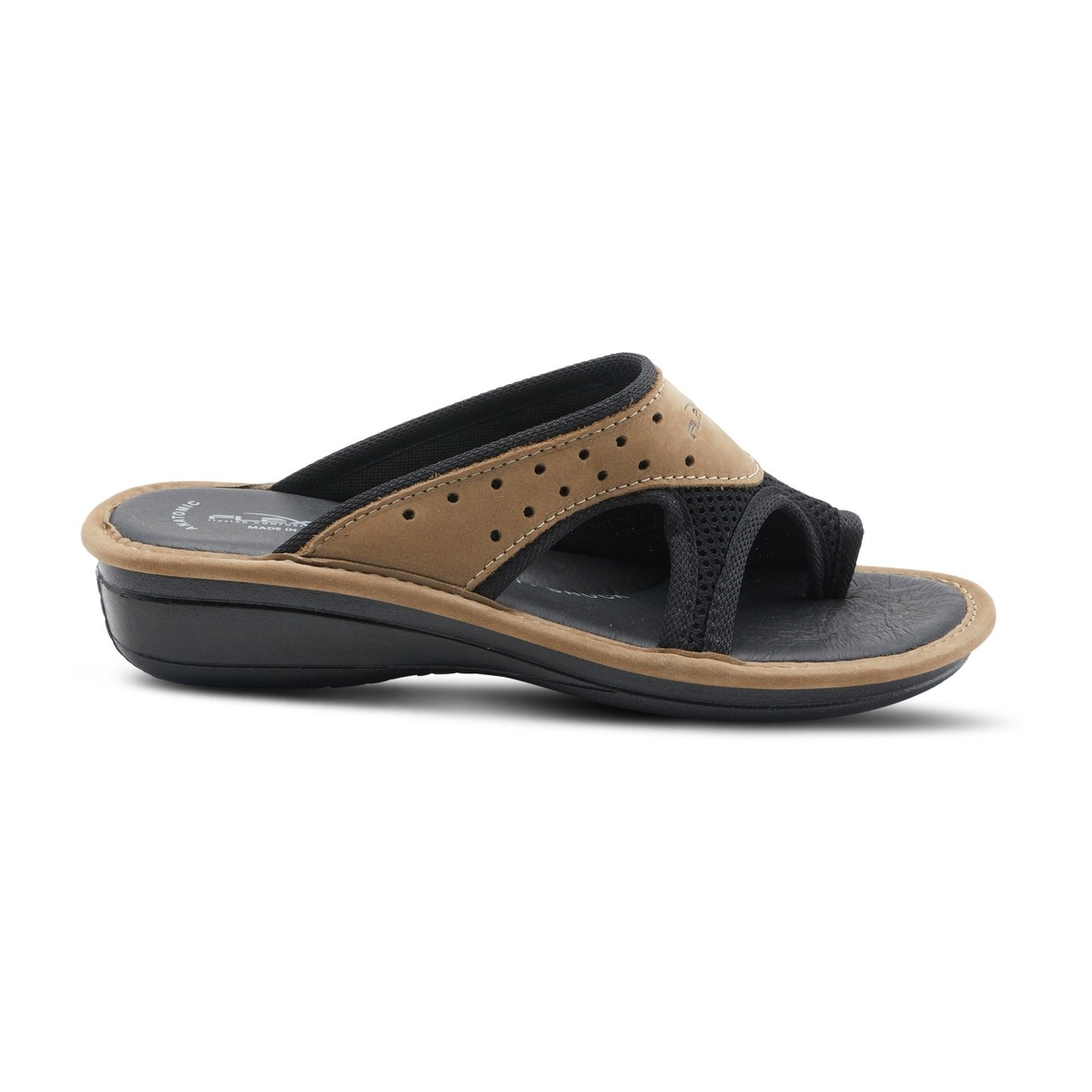 Flexus Pascalle slide sandal in black, side view showing toe loop