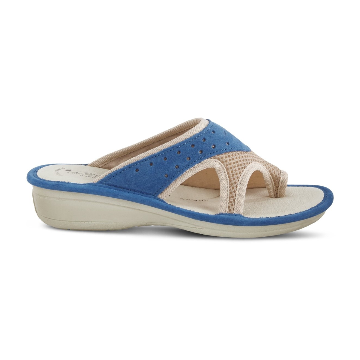 Flexus Pascalle slide sandal in blue, side view showing toe loop