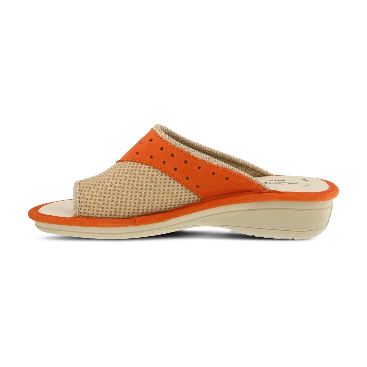 Flexus Pascalle slide sandal in orange, side view showing mesh upper