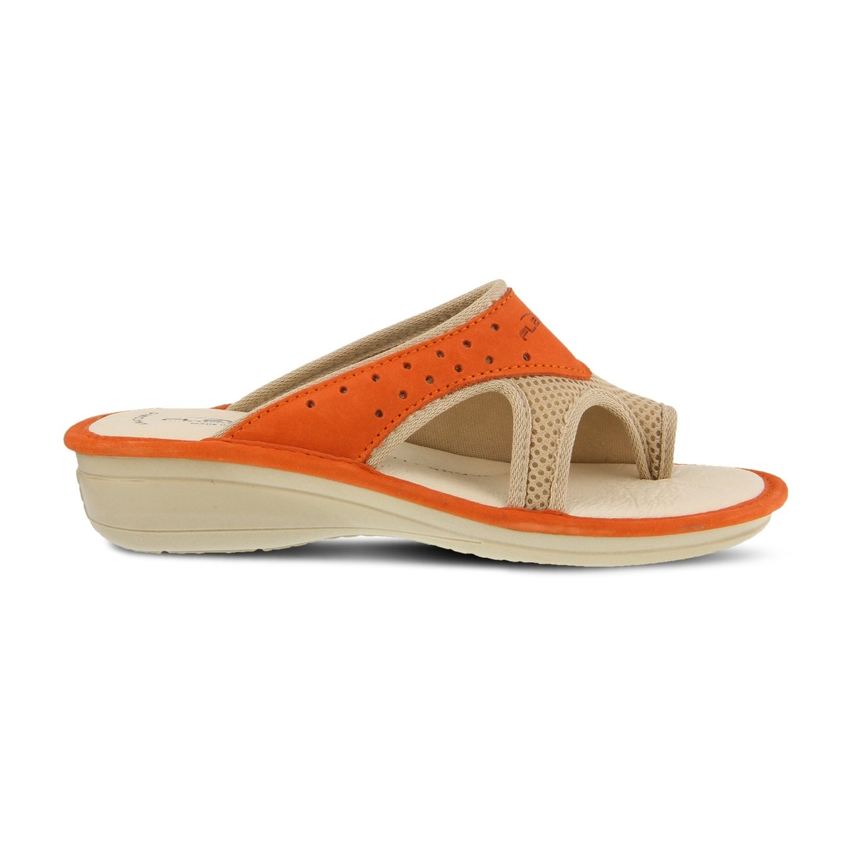 Flexus Pascalle slide sandal in orange, side view showing toe loop