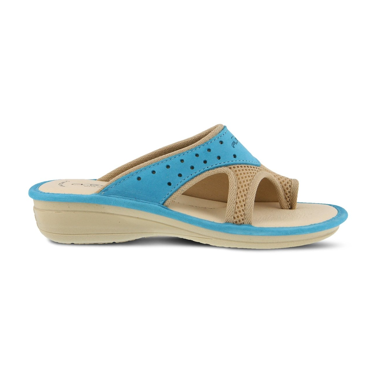 Flexus Pascalle slide sandal in turquoise, side view showing toe loop